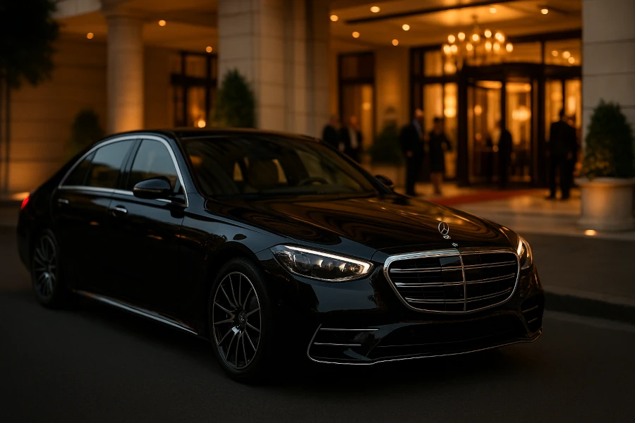 Black Mercedes S-Class parked in front of a five-star hotel entrance, with soft lighting and out-of-focus people in the background.