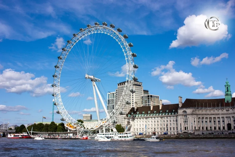 Το London Eye με θέα στον Τάμεση, με βάρκες και ιστορικά κτίρια σε ηλιόλουστη μέρα.