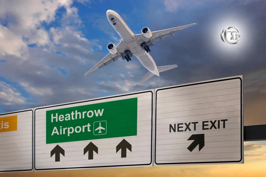 Panneau directionnel vers Heathrow Airport avec avion au décollage au-dessus