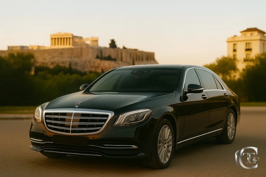Black Mercedes S-Class parked in Athens with the Acropolis in the background, showcasing CTP Limo's premium chauffeur service.