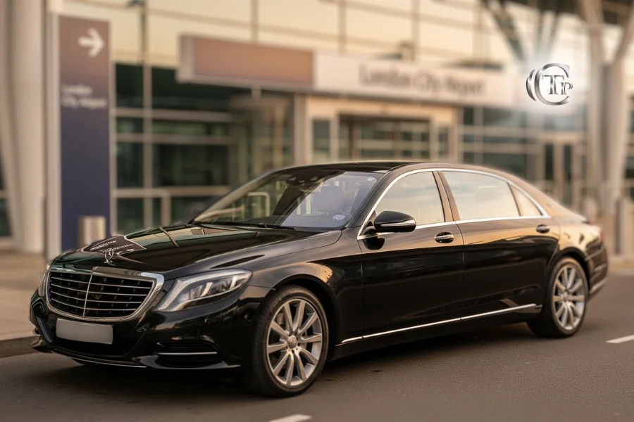 Mercedes-Benz S-Class noire stationnée devant London City Airport pour un service chauffeur