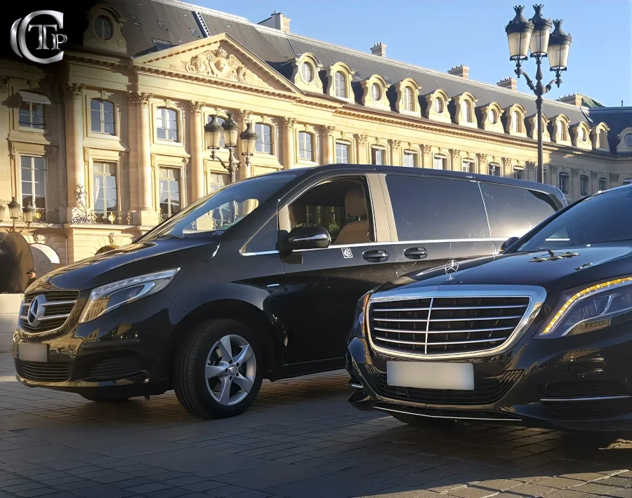 Mercedes S-Class et V-Class, véhicules de chauffeur de luxe, stationnés devant un bâtiment élégant.