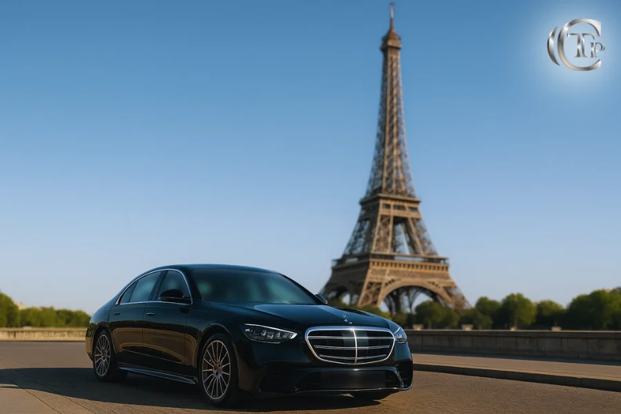 Une élégante Mercedes S-Class noire garée près de la Tour Eiffel sous un ciel bleu clair à Paris.