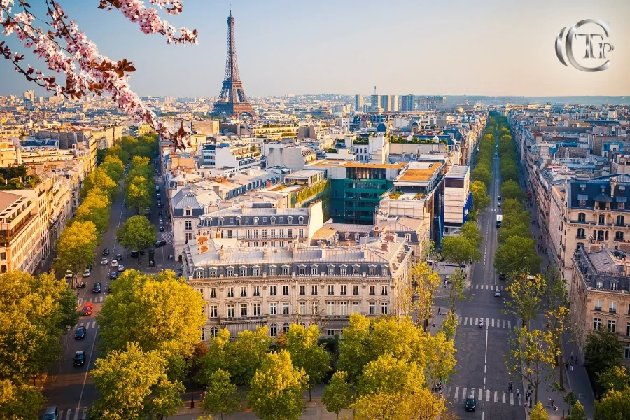 A stunning aerial view of Paris with tree-lined streets and the Eiffel Tower in the background under a clear sky.
