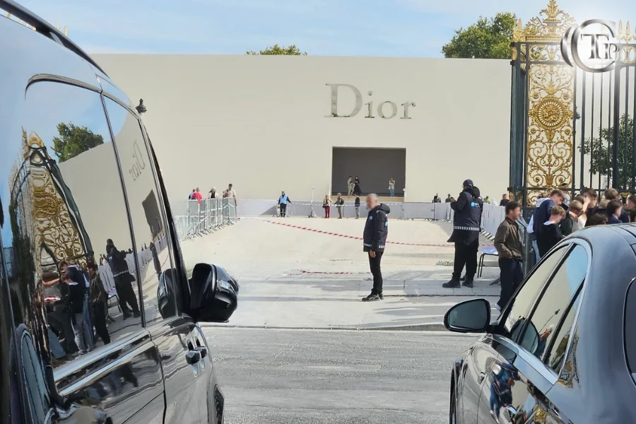 Mercedes V-Class by CTP Limo outside Dior show entrance in Paris during Fashion Week 2025.