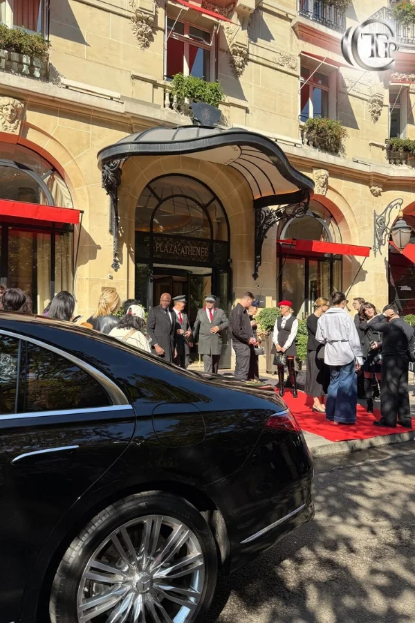 Mercedes S-Class by CTP Limo outside Plaza Athénée with guests arriving for Fashion Week events.