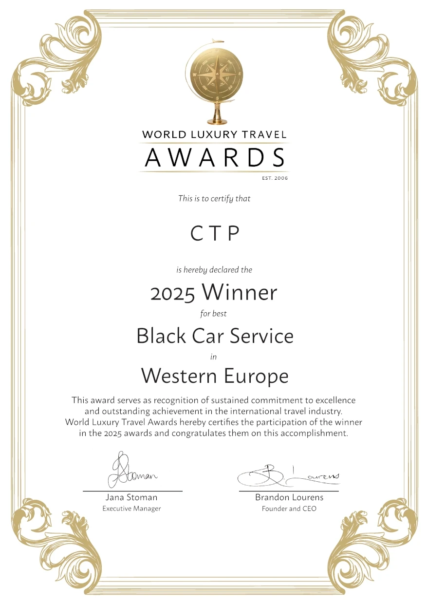 Award certificate from World Luxury Travel Awards 2025 recognizing CTP as Best Black Car Service in Western Europe.