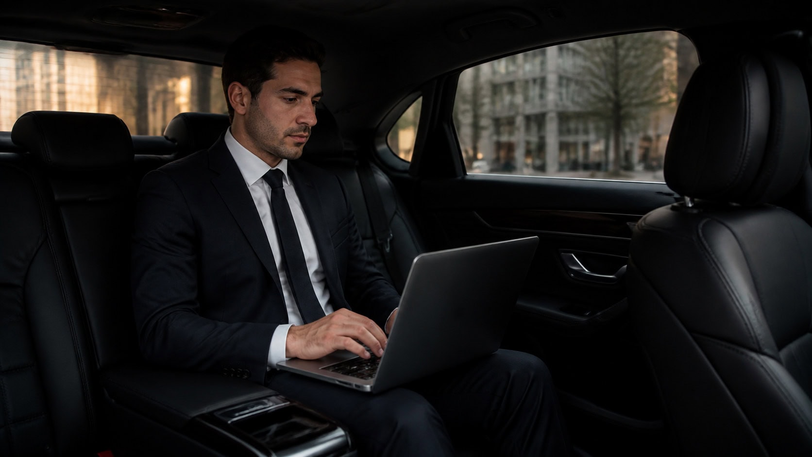 Passager d’affaires travaillant sur un ordinateur portable à l’arrière d’un véhicule avec chauffeur.
